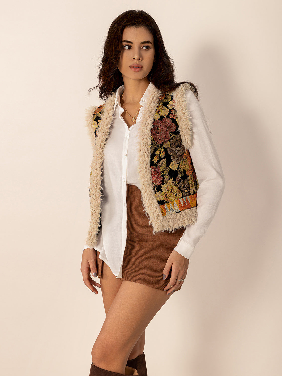 Floral Tapestry Faux Fur Trim Vest