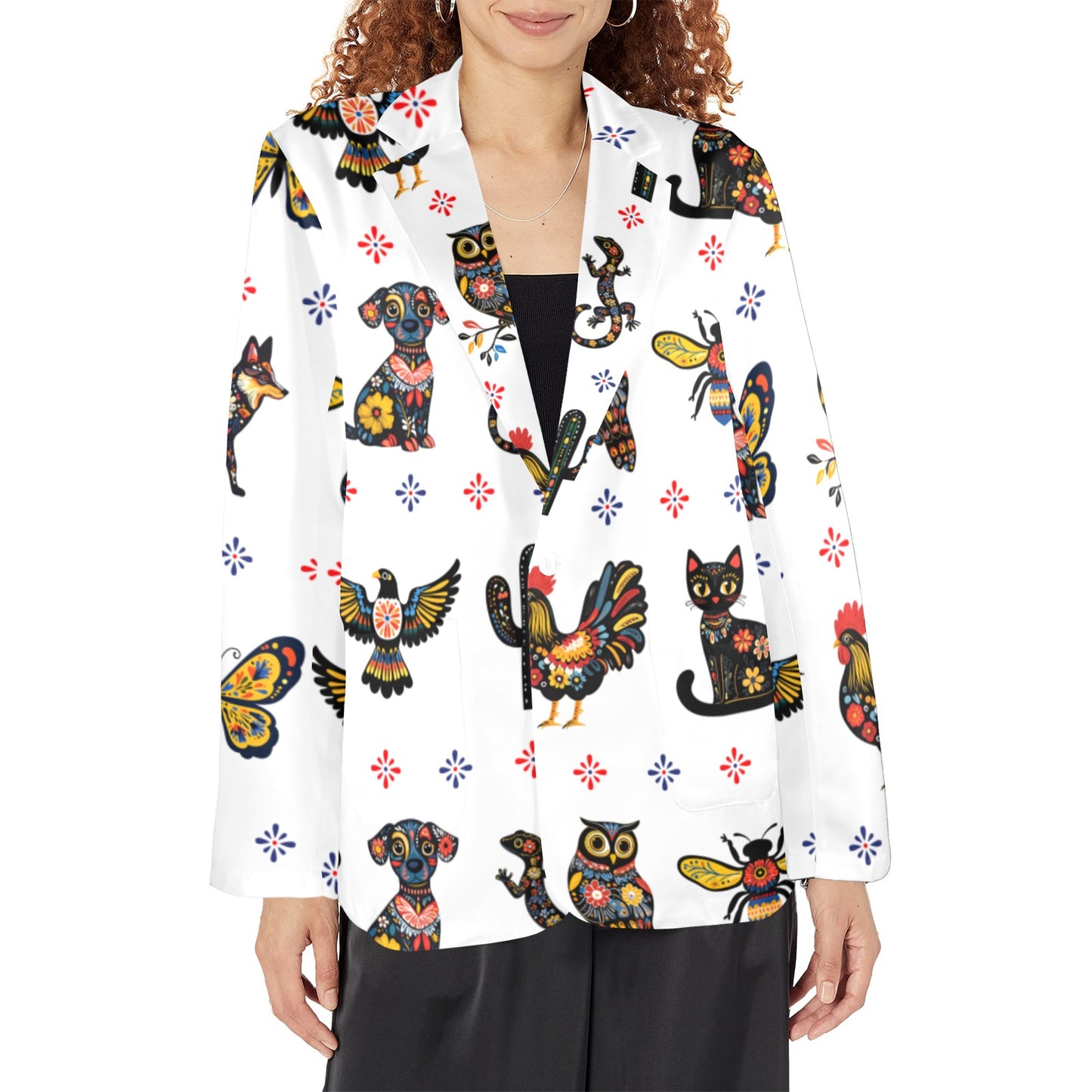 Colores de Mexico Mexican Talavera Floral Animals Blazer in White