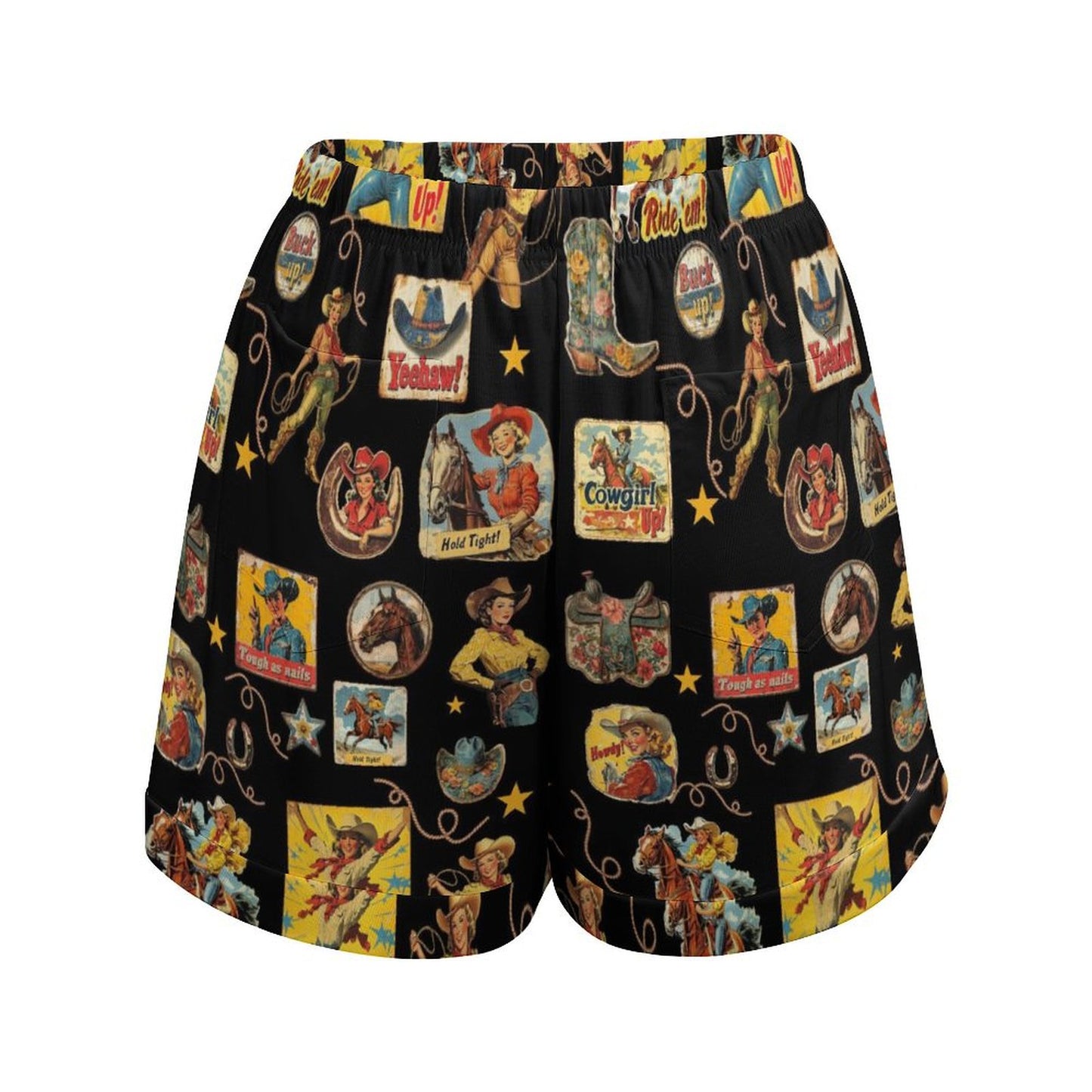Vintage Cowgirl Collage Western Drawstring Shorts