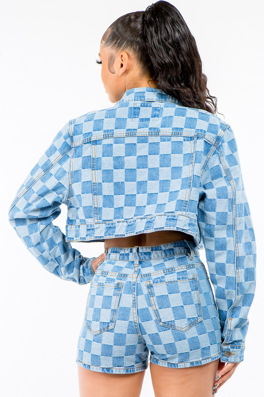 American Bazi Checkered Long Sleeve Cropped Denim Jacket Clearance