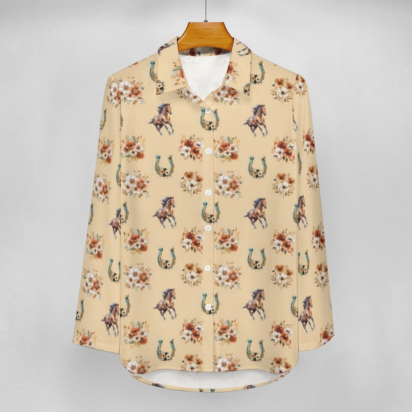 Baha Ranch Floral Horse Country Girl Long Sleeve Blouse