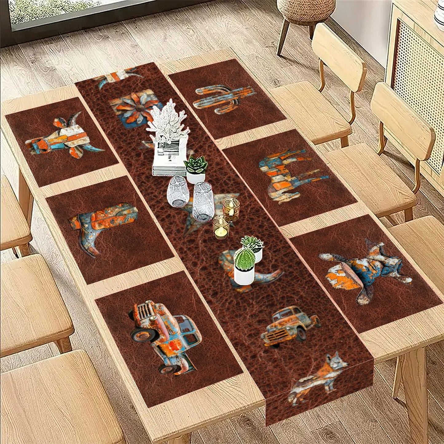 7 Pieces Rustic Ranch Western Cowboy Table Runner and Placemats Set Made in USA