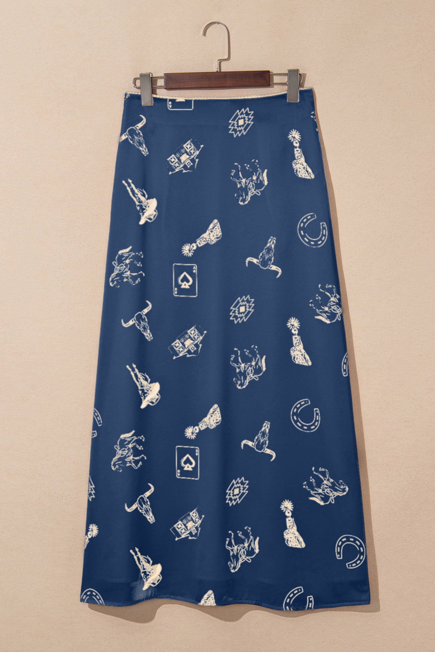 Blue skirt with white pattern on a beige background