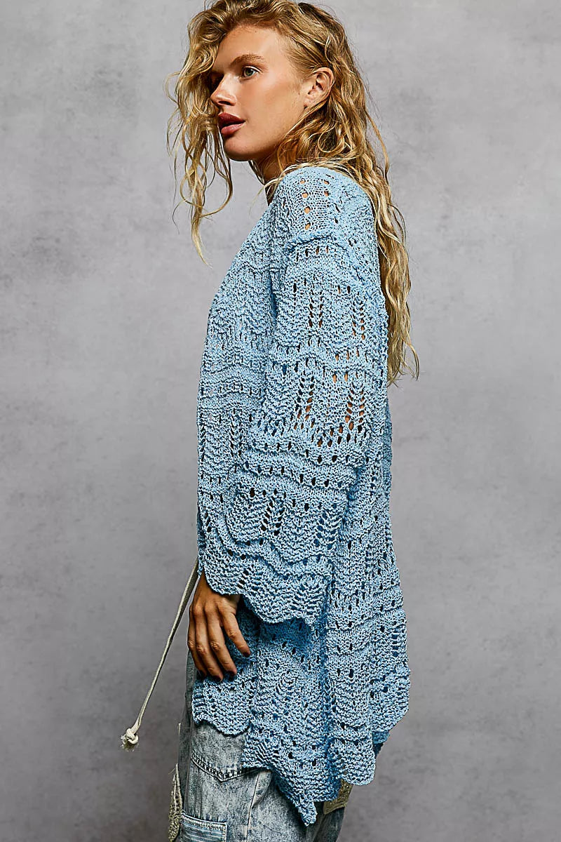 POL Openwork Crochet Lightweight Open Front Cardigan with