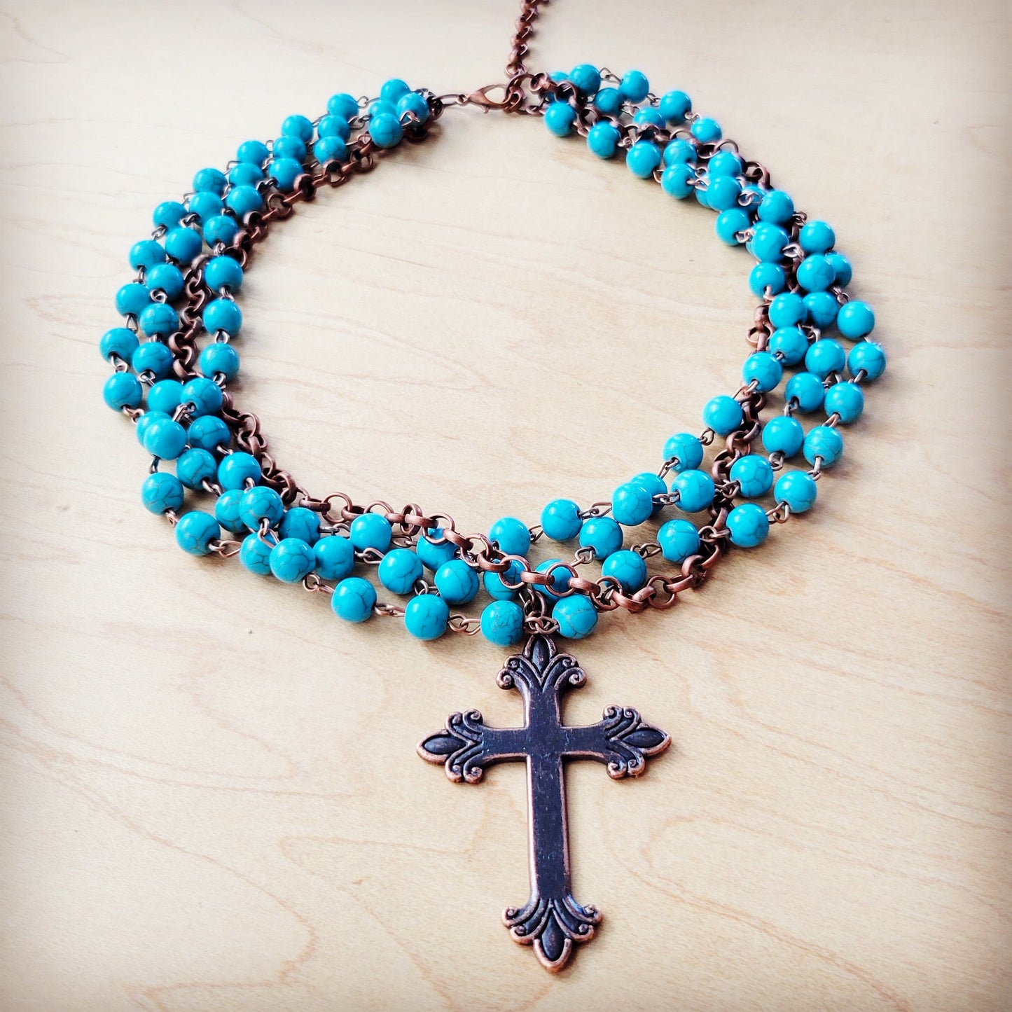 The Jewelry Junkie Blue Turquoise Beaded Collar Necklace w/ Cross Pendant 260y