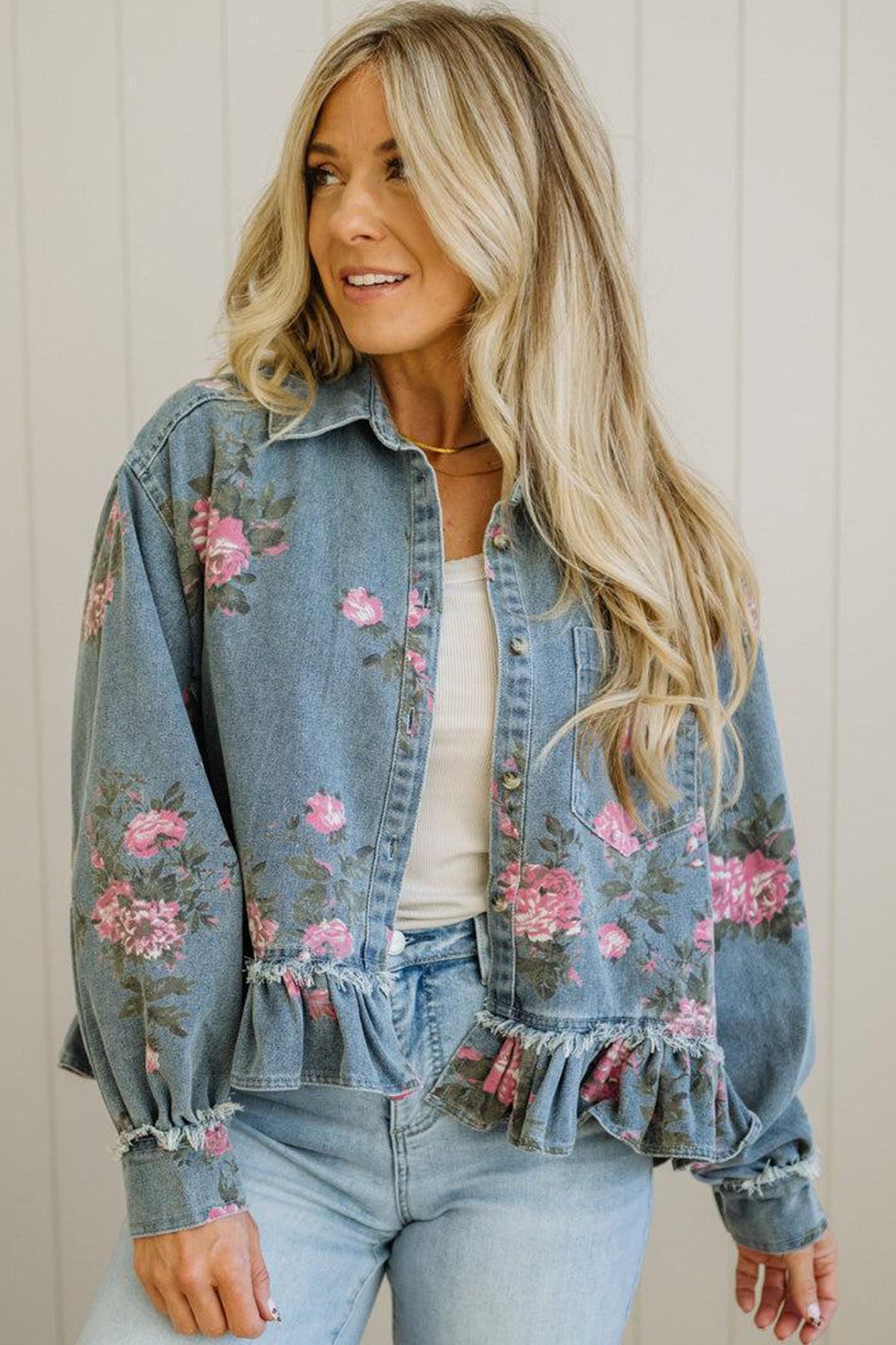 Floral Denim Raw Seam Ruffle Hem Jacket