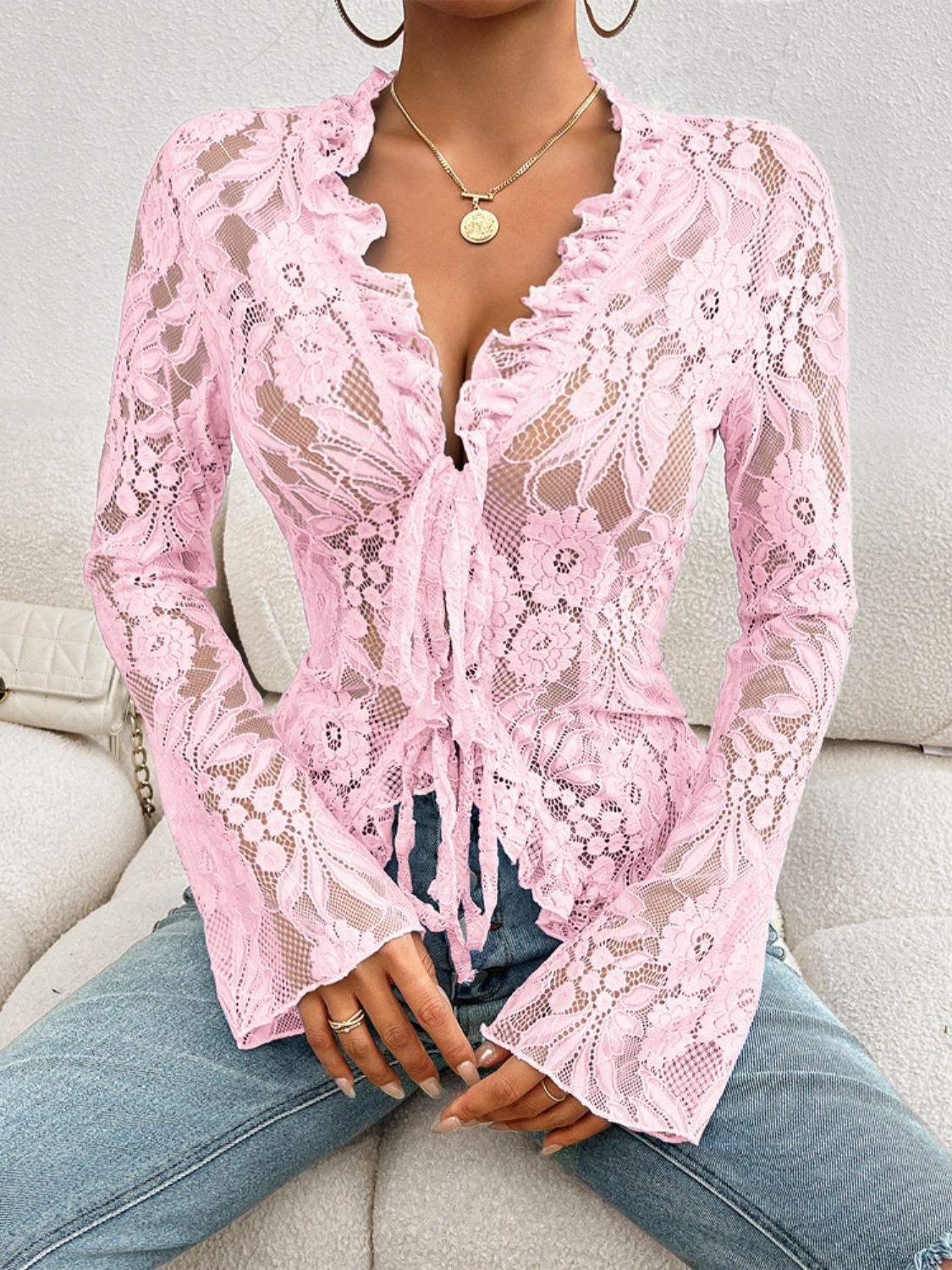 Tied V-Neck Long Sleeve Lace Top choice of colors