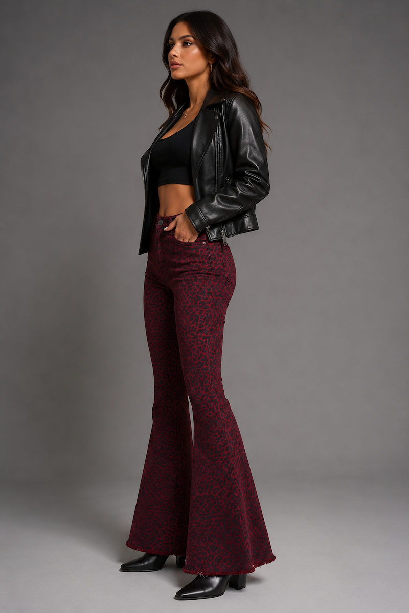 GJG Leopard Print Bell Bottom Pant in Burgundy