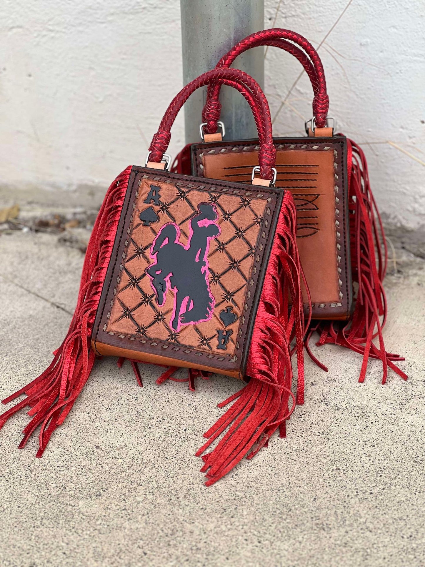Alamo Saddlery Card Handbag- Red Bronc Rider FRINGE