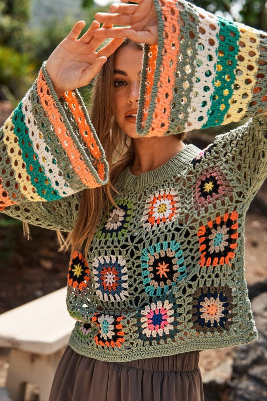 Cropped Ranch Knit Sweater Crochet Janice Baha co Floral choice of Striped Western Wear | Sleeve