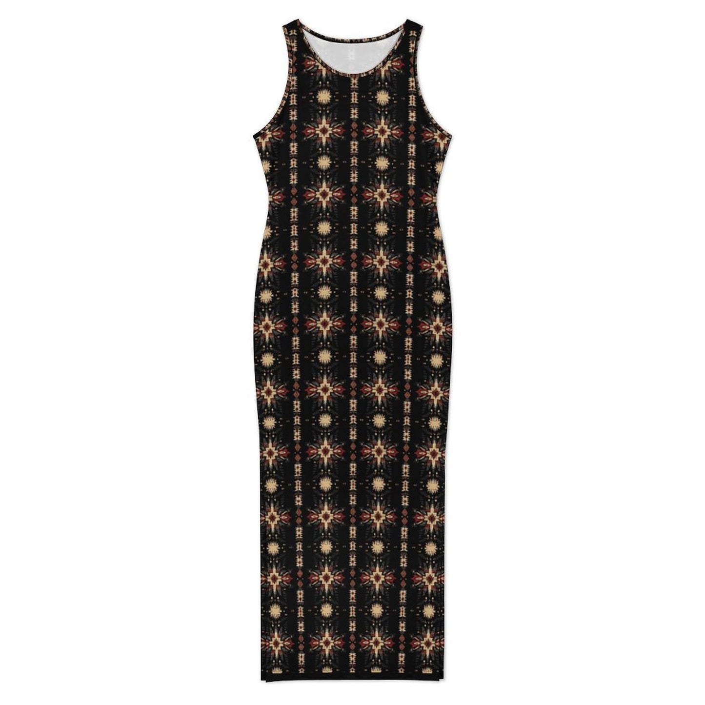 Black and Tan Aztec Sleeveless Bodycon Side Slit Maxi Dress