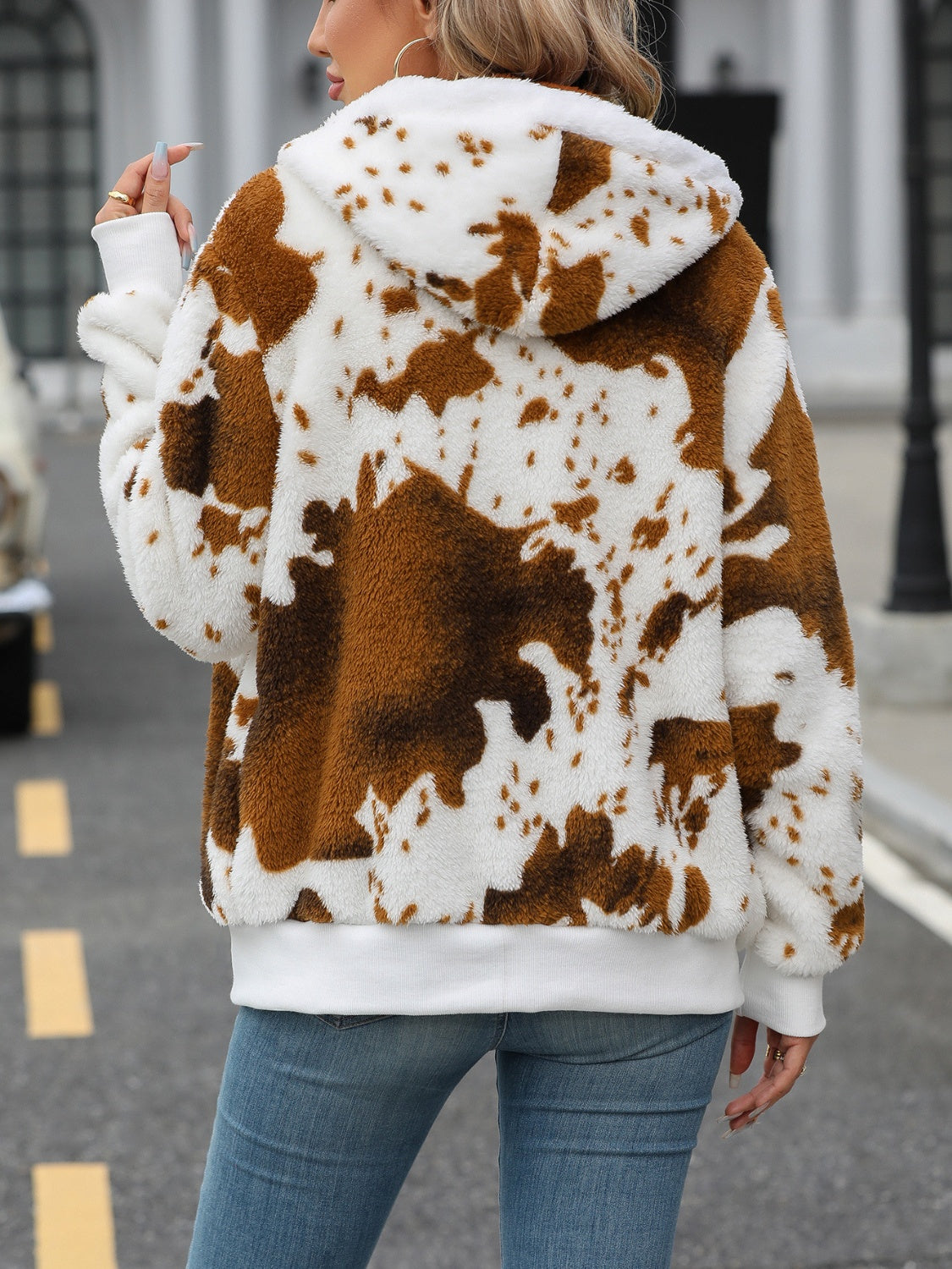 Cow Print Fuzzy Drawstring Zip Up Hooded Jacket