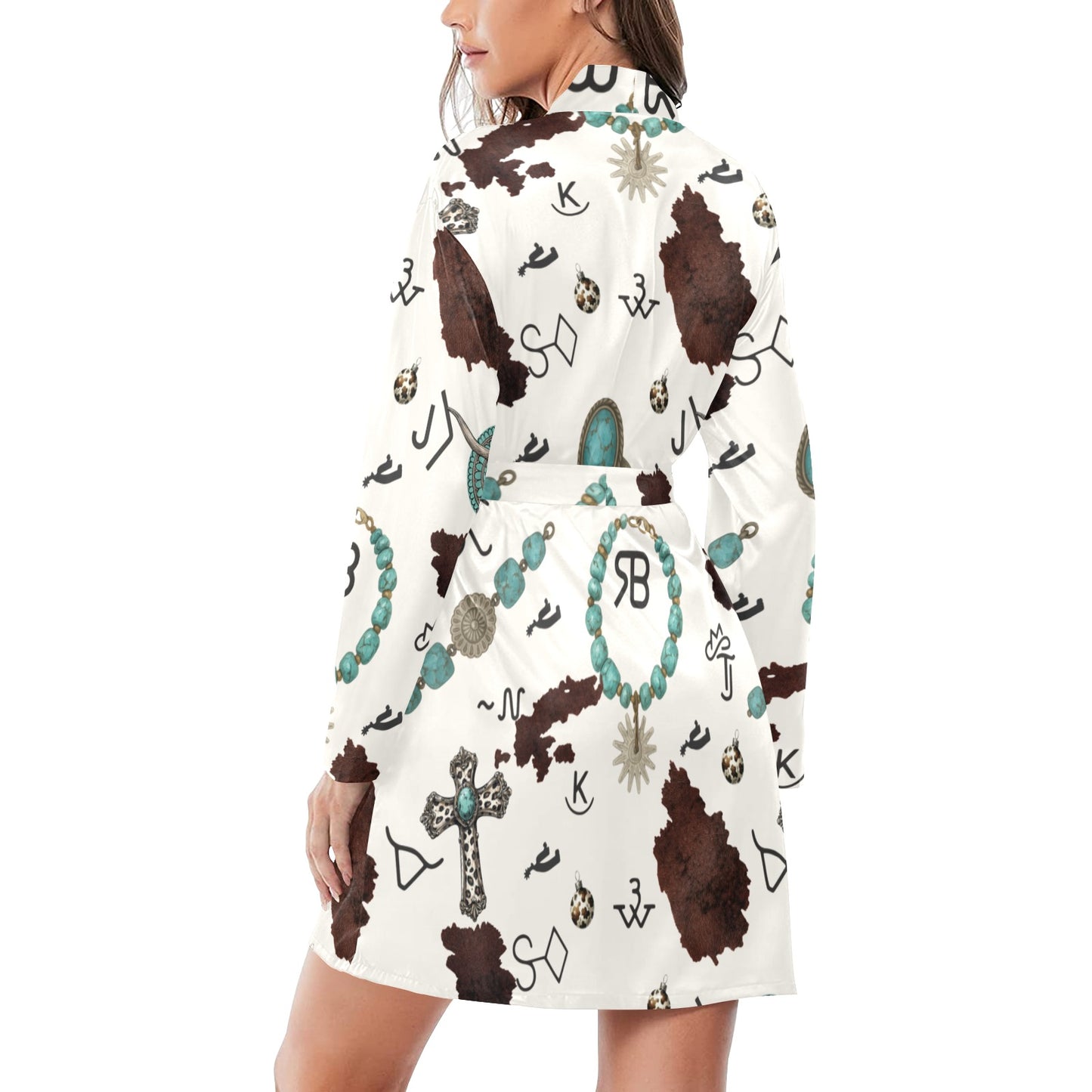 Turquoise & Brands Western Cowgirl Satin Robe Women's Long Sleeve Belted Night Robe(ModelSets 14)