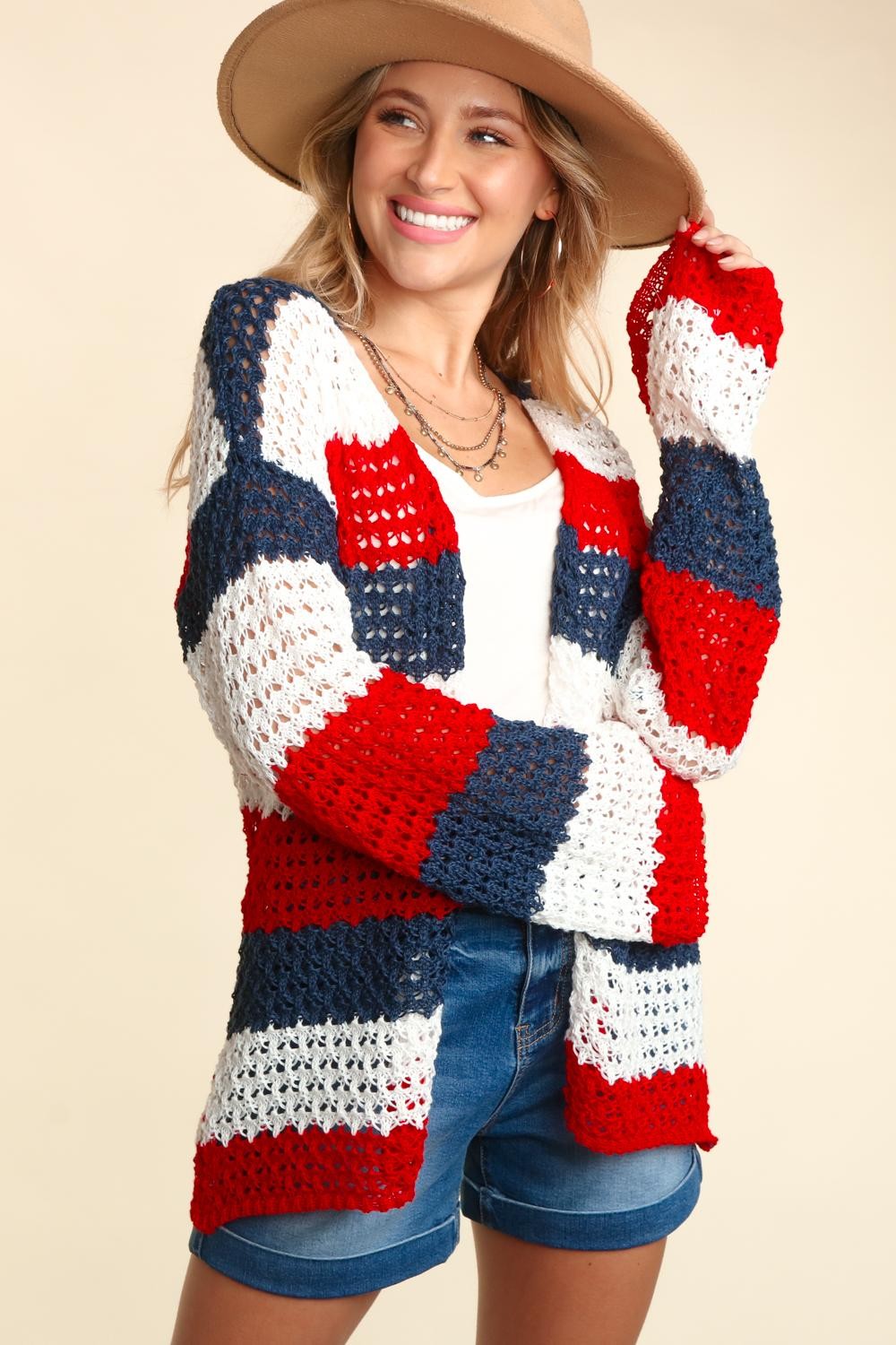 Patriotic Open Front Long Sleeve Crocheted Cardigan