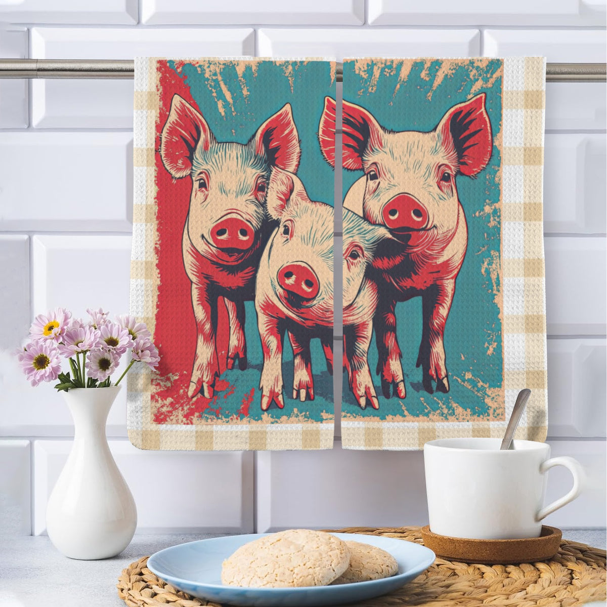 Baha Ranch Retro Flower Pigs set of 2 (same) Kitchen Towels Made in America