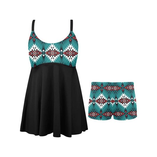 Teal Aztec Swim Dress & Shorts Set