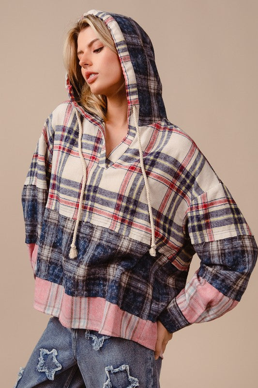 BiBi Drawstring Plaid Drop Shoulder Hoodie