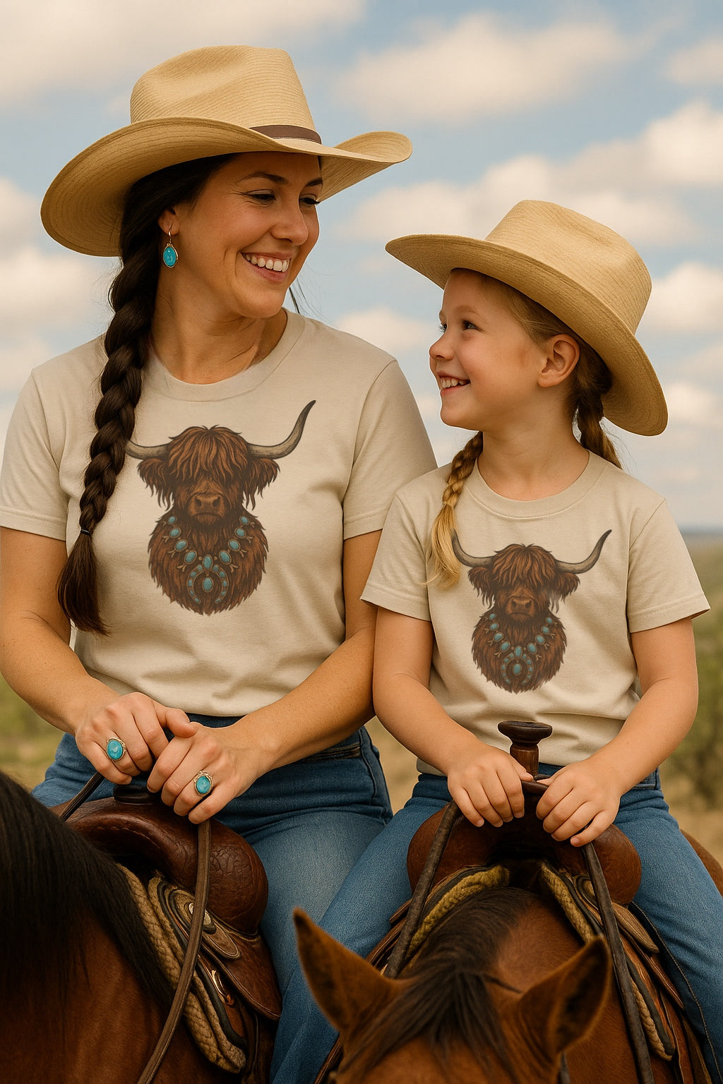 Turquoise Highland Cow Mommy & Me Kids–Adult Gildan Sand Shirt – Graphic Tee, Long Sleeve & Crewneck.