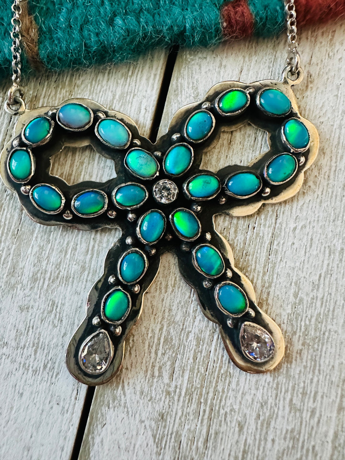 ** Christmas Collection ** Handmade Sterling Silver, Synthetic Opal & CZ Bow Necklace Signed Nizhoni