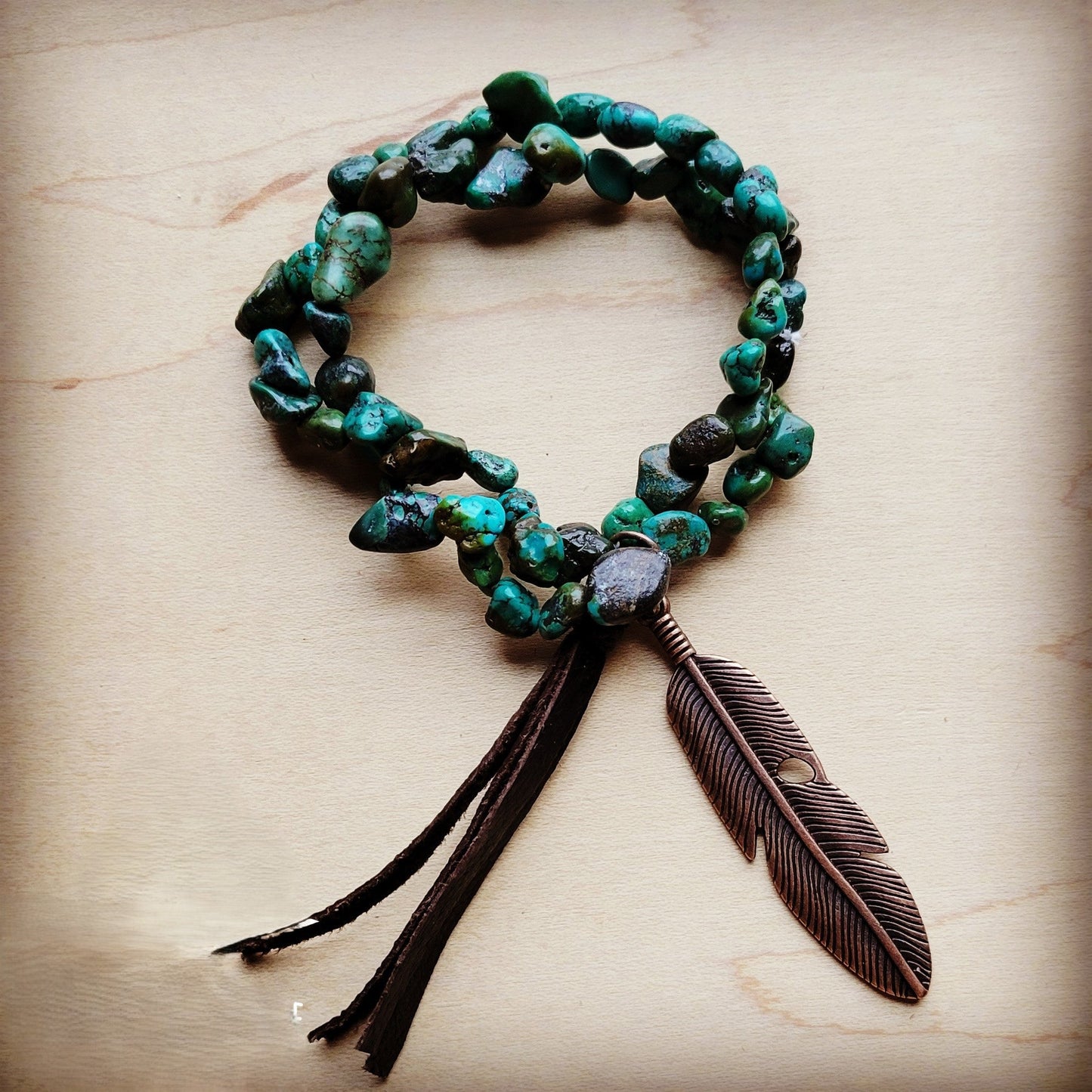 The Jewelry Junkie Double Strand Natural Turquoise Bracelet w/ Feather and Tassel 806n