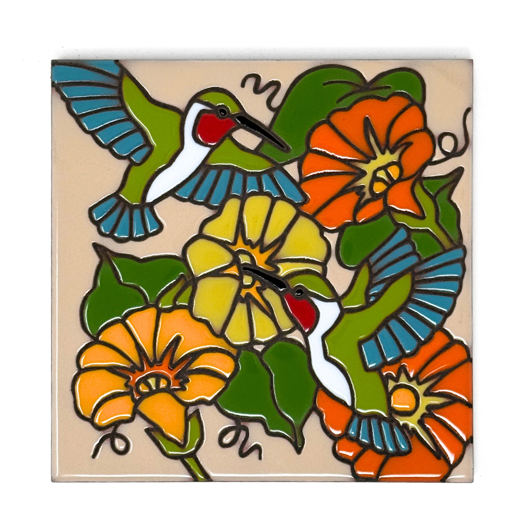 Hummers and Flowers Tile on Sand or Light Blue
