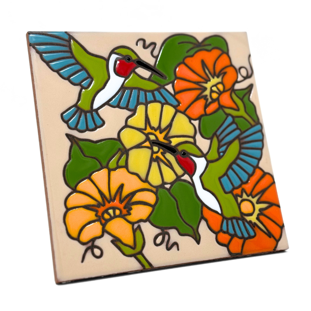 Hummers and Flowers Tile on Sand or Light Blue