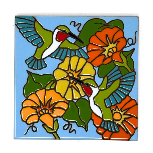 Hummers and Flowers Tile on Sand or Light Blue