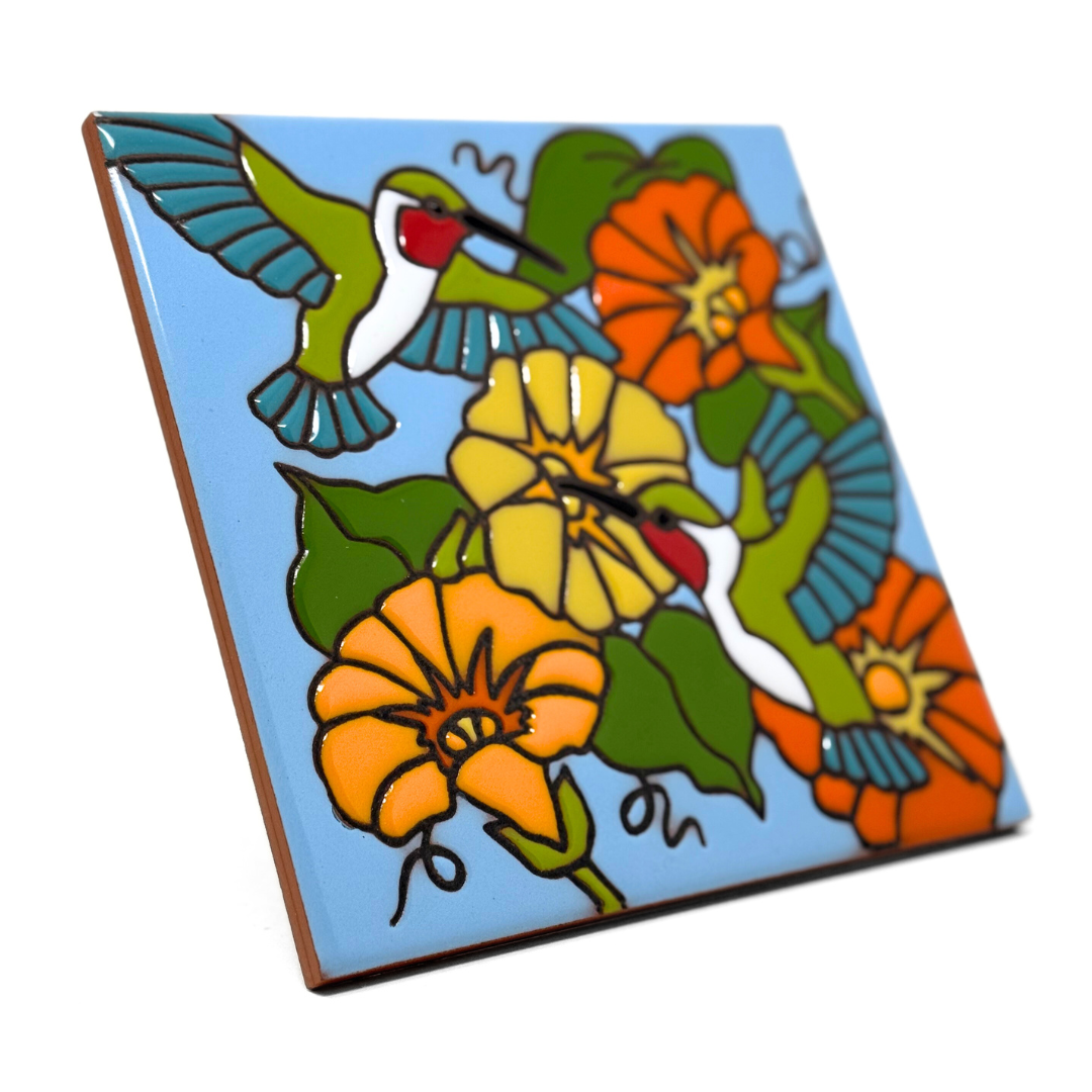 Hummers and Flowers Tile on Sand or Light Blue