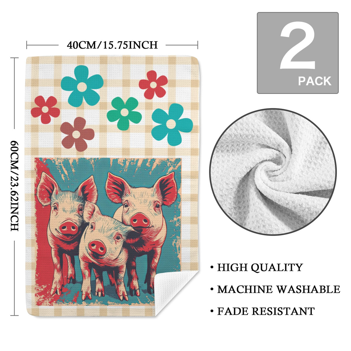Baha Ranch Retro Flower Pigs set of 2 (same) Kitchen Towels Made in America