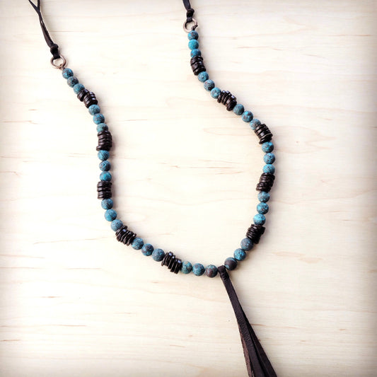 The Jewelry Junkie Natural American Turquoise Necklace w/ Wood Beads & Tassel 262i
