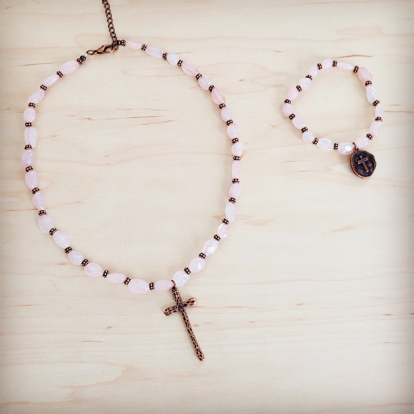 The Jewelry Junkie **Rose Quartz Collar Necklace w/ Copper Cross Pendant 263i