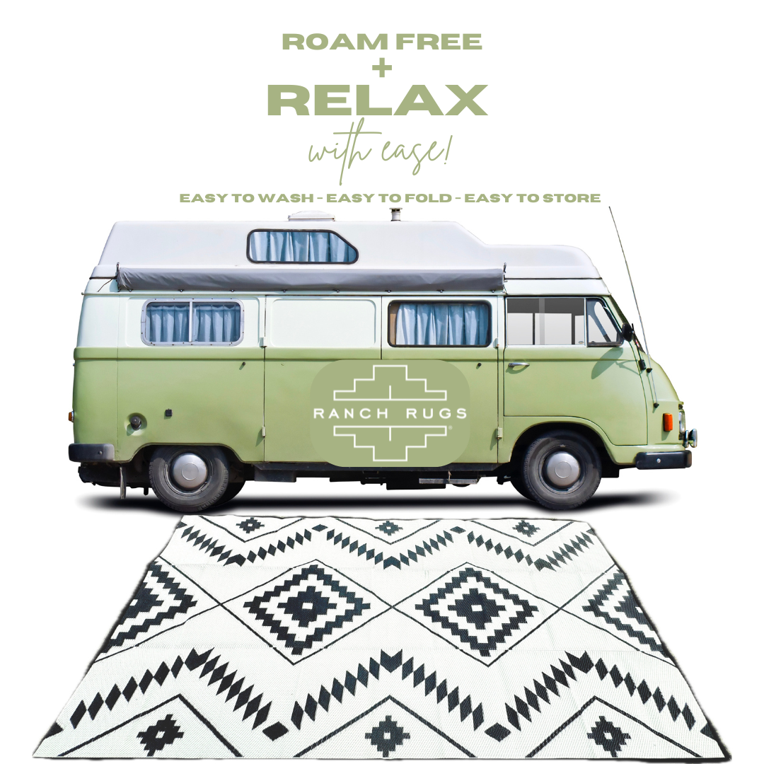 Black + Ivory - 9ft x 12ft - RANCH RUGS  -THE DAVIS - Aztec Outdoor Rug Floor Covering