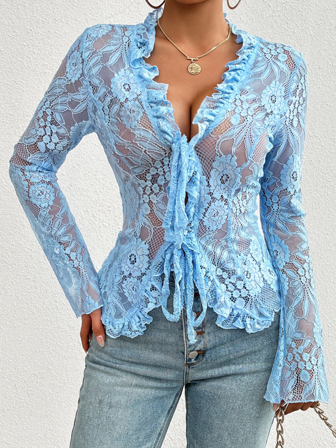 Tied V-Neck Long Sleeve Lace Top choice of colors