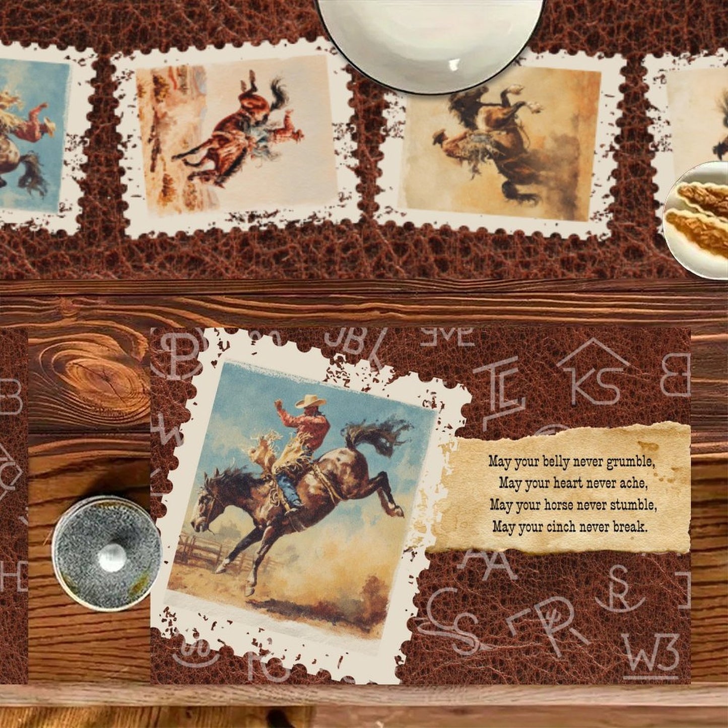 7 Pieces Rodeo Phrases Cowboy Table Runner and Placemats Set Made in USA