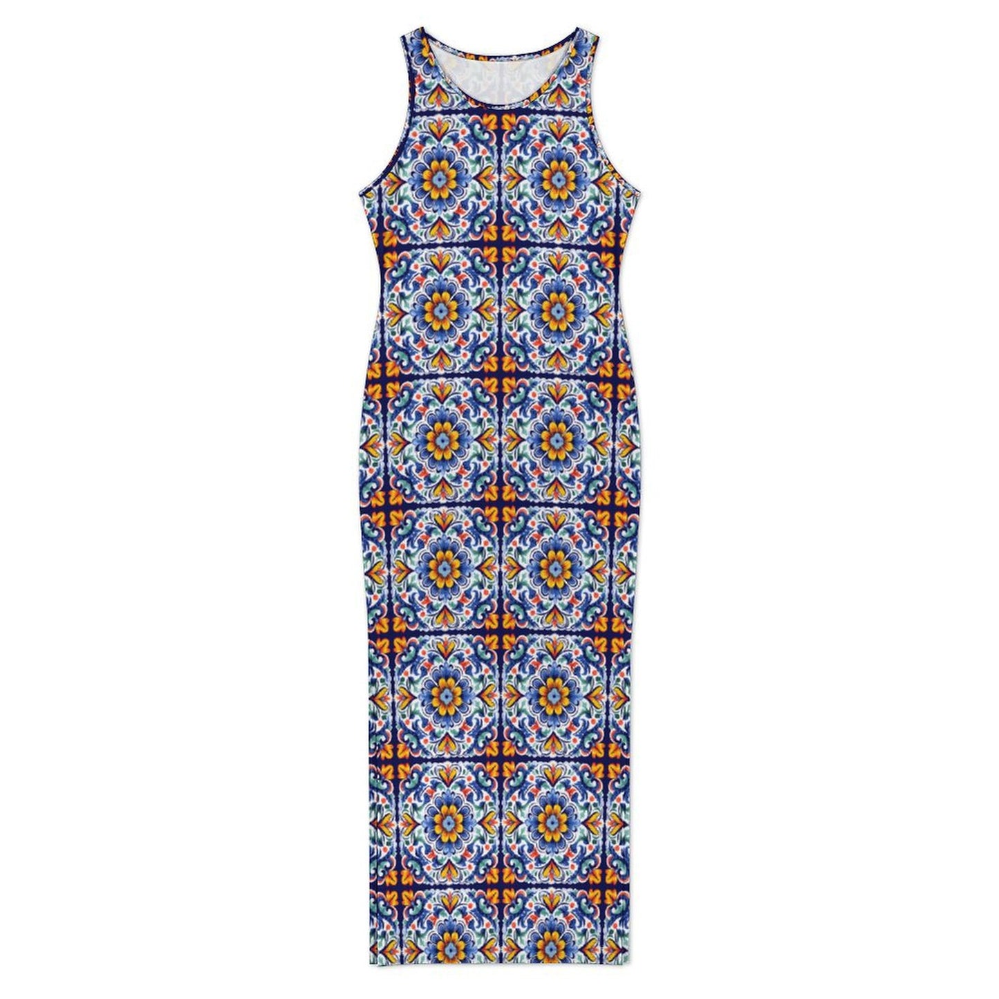Colores de Mexico Talavera Sleeveless Bodycon Side Slit Long Dress