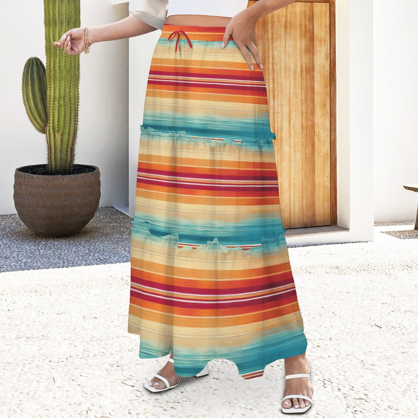 Colores De Mexico Southwest Serape Tiered Prairie Maxi Skirt