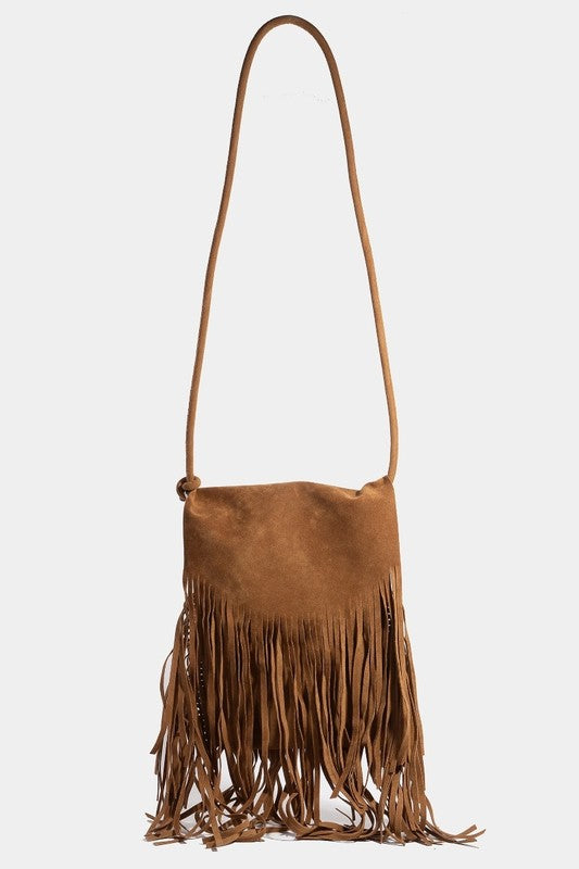 Fame Faux Suede Fringe Rectangle Crossbody Bag choice of colors