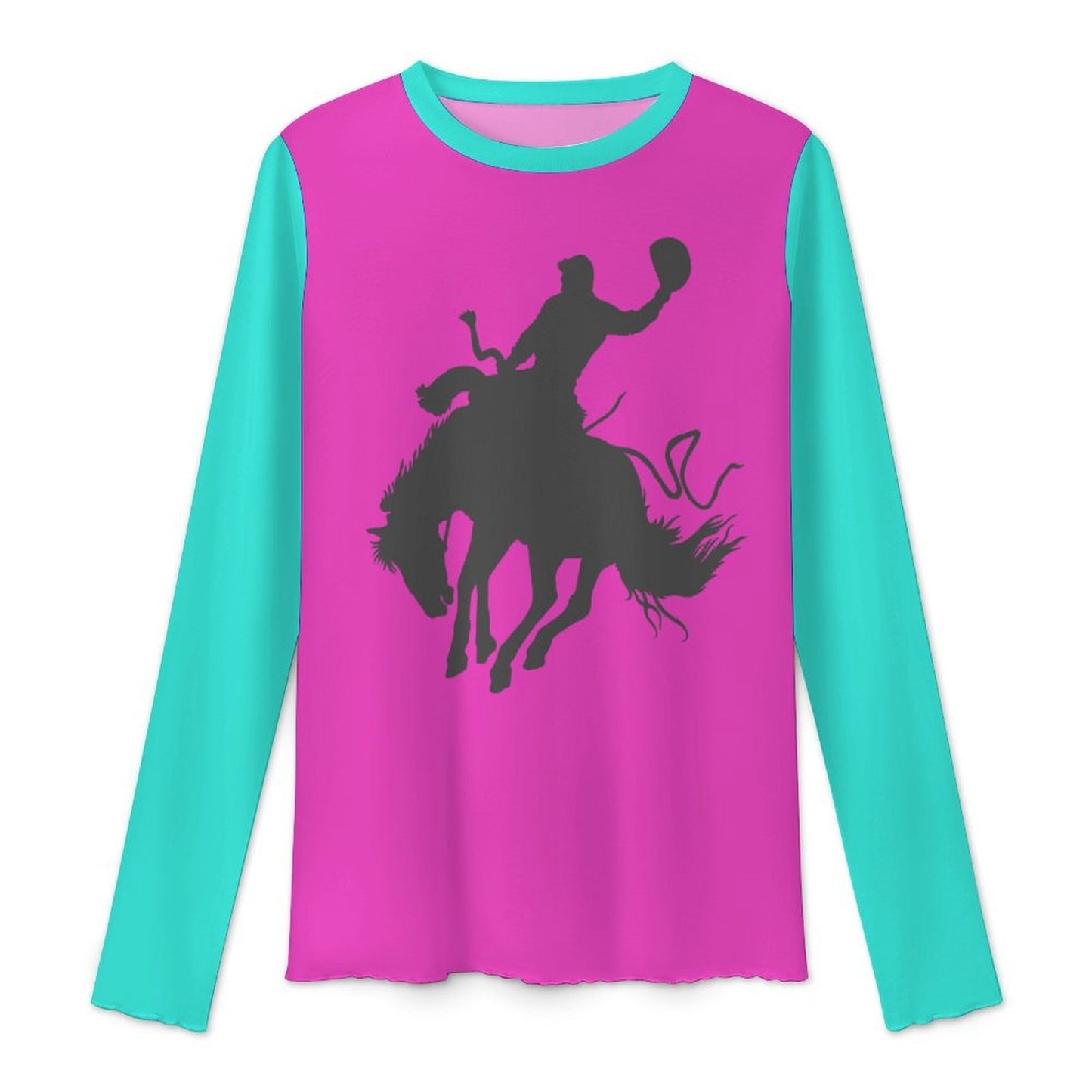 Baha Ranch Turquoise Hot Pink Rodeo Bronc Long Sleeve Mesh Top