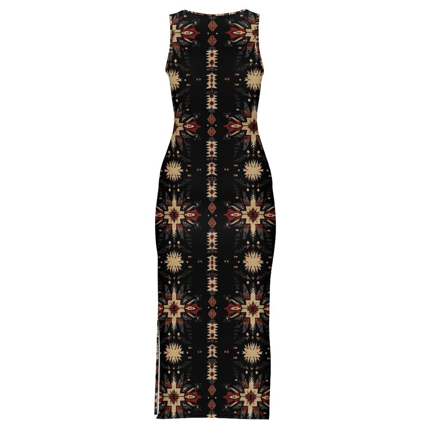 Black and Tan Aztec Bodycon Side Slit Western Maxi Dress