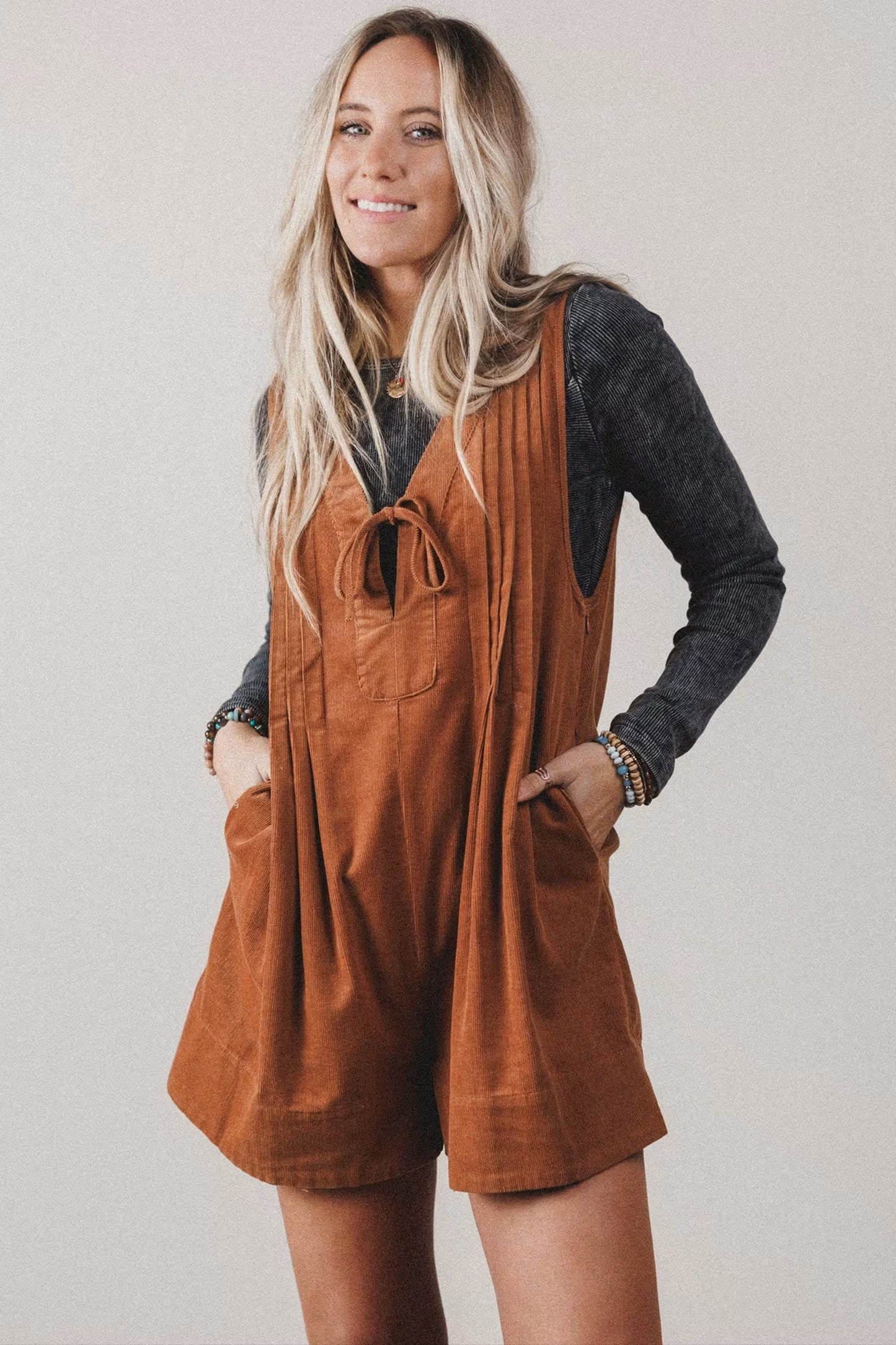 Solid Tie V-Neck Sleeveless Corduroy Romper