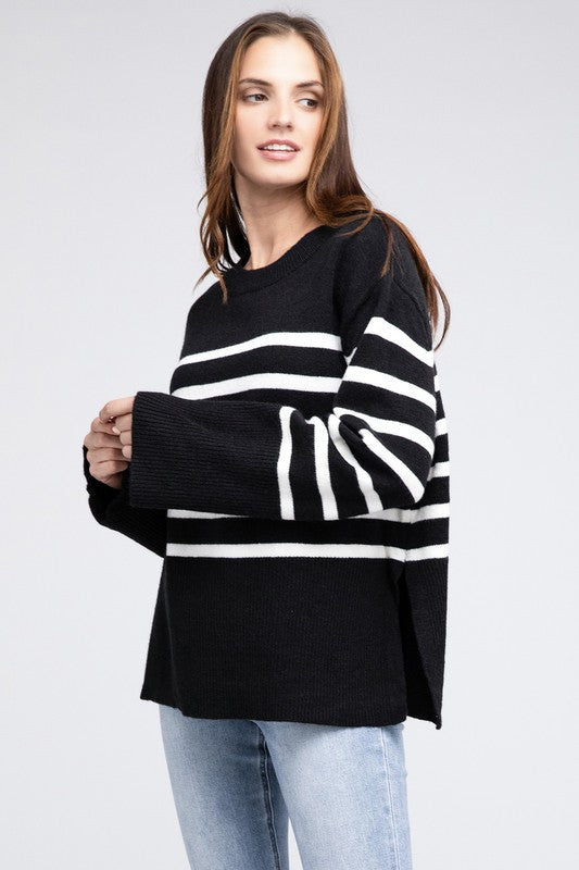 Ribbed Hem Stripe Sweater Rust or Black