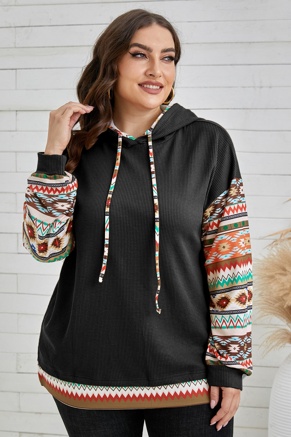 Plus Size Waffle-Knit Aztec Dropped Shoulder Hoodie