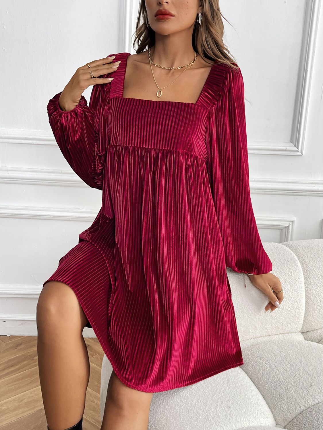 Ribbed Velvet Square Neck Long Sleeve Dress