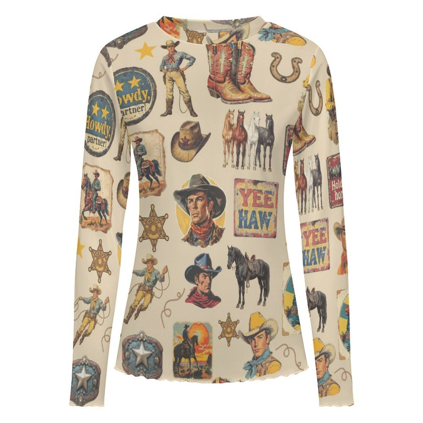 Baha Ranch Vintage Cowboy Collage Long Sleeve Mesh Top