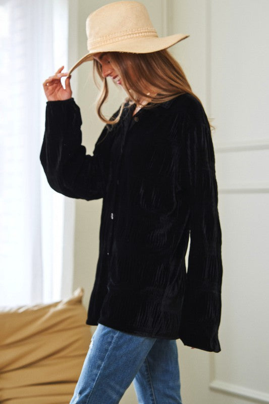 Velvet Long Sleeve Button Front Loose Fit Shirt Top choice of colors