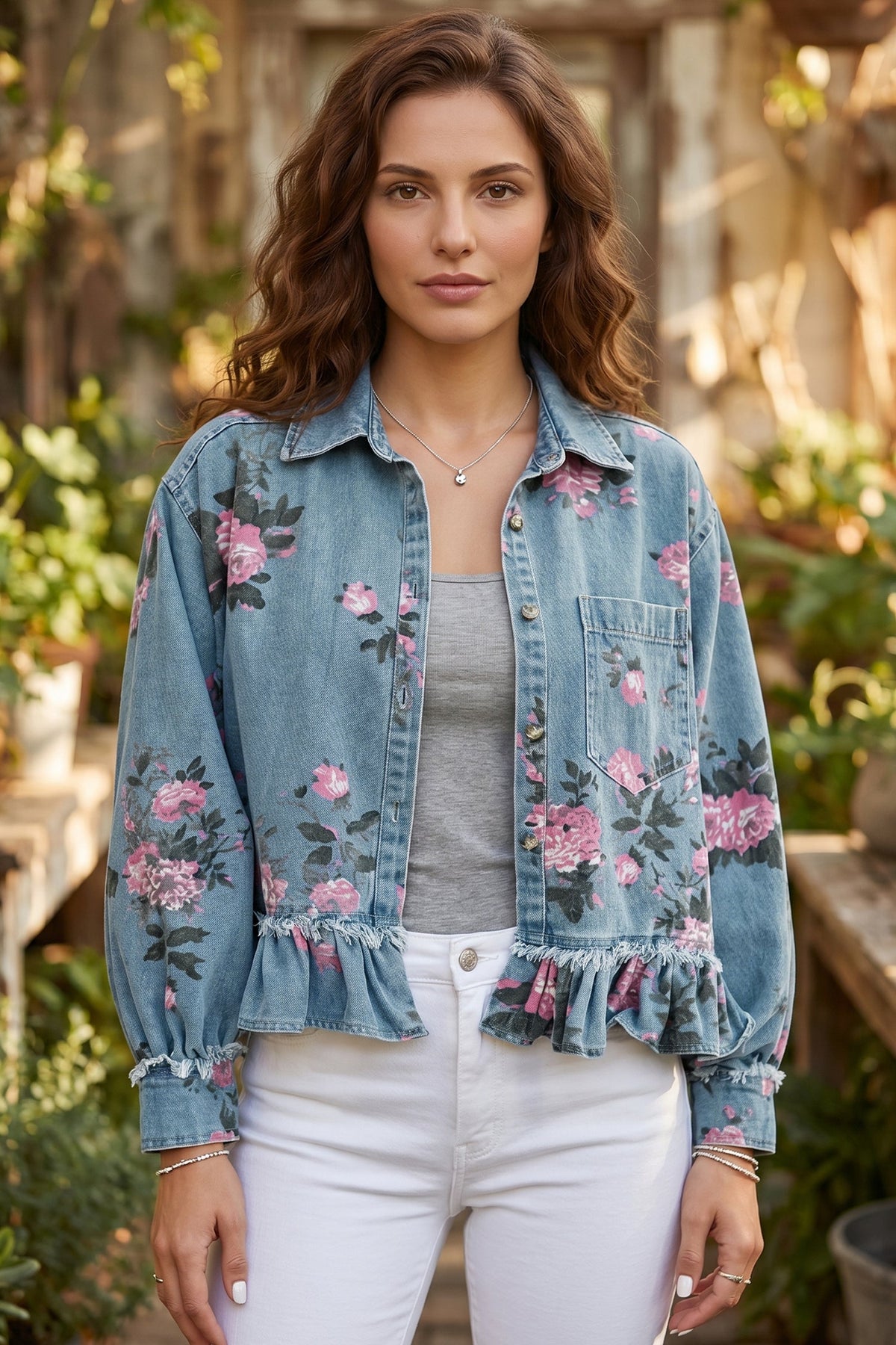 Floral Denim Raw Seam Ruffle Hem Jacket