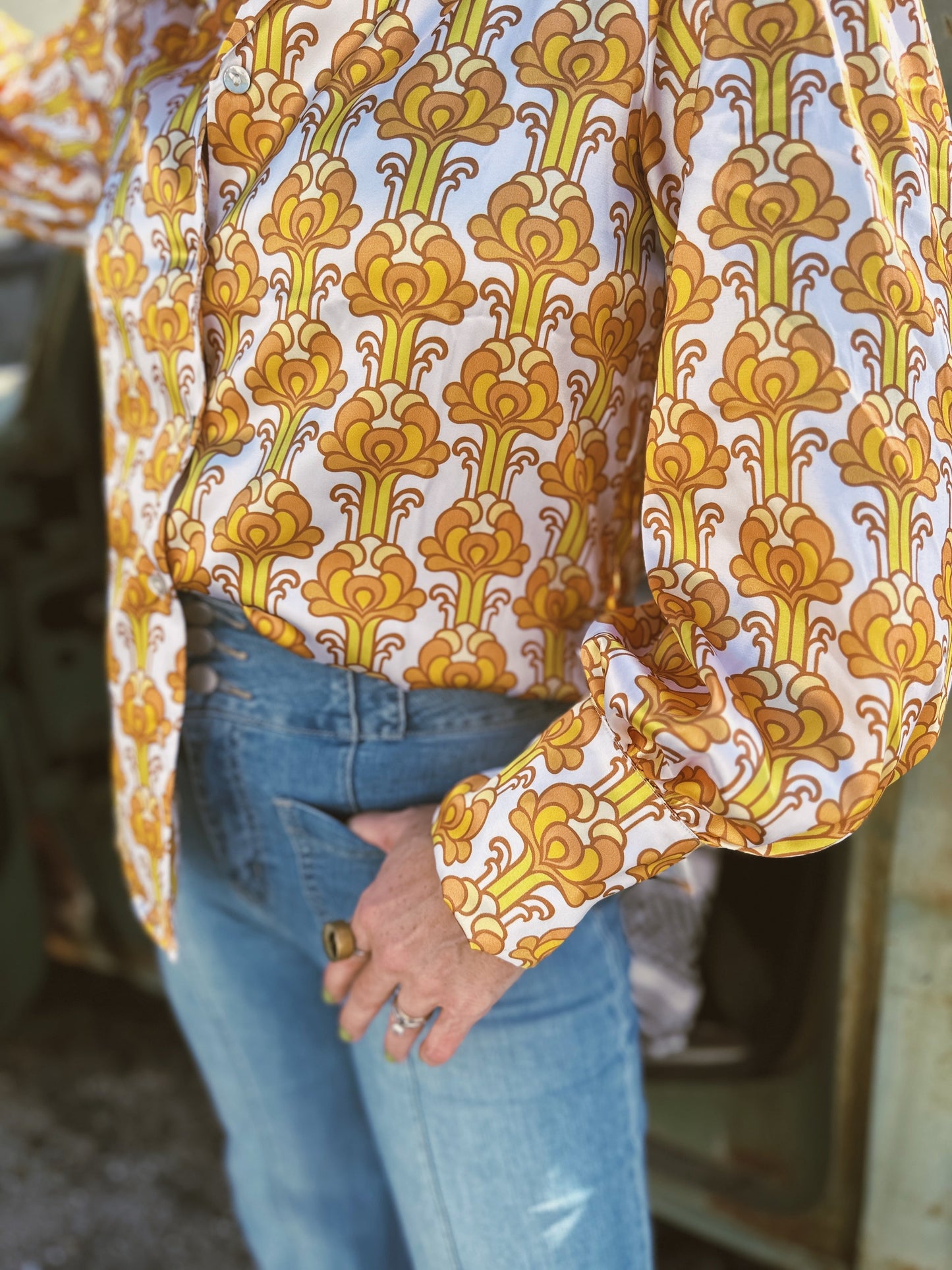 Streets Of Gold Golden Satin Yellow Tulip Flower Pouf Sleeve Button Up Blouse