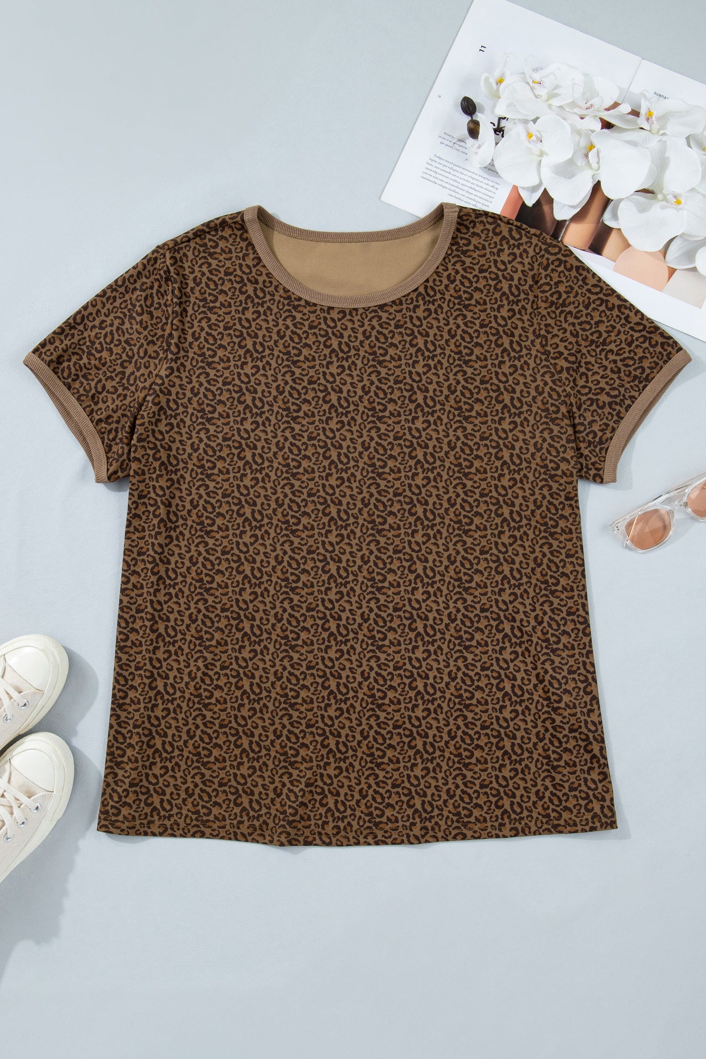 Plus Size Leopard Ribbed Trim Short Sleeve Tee