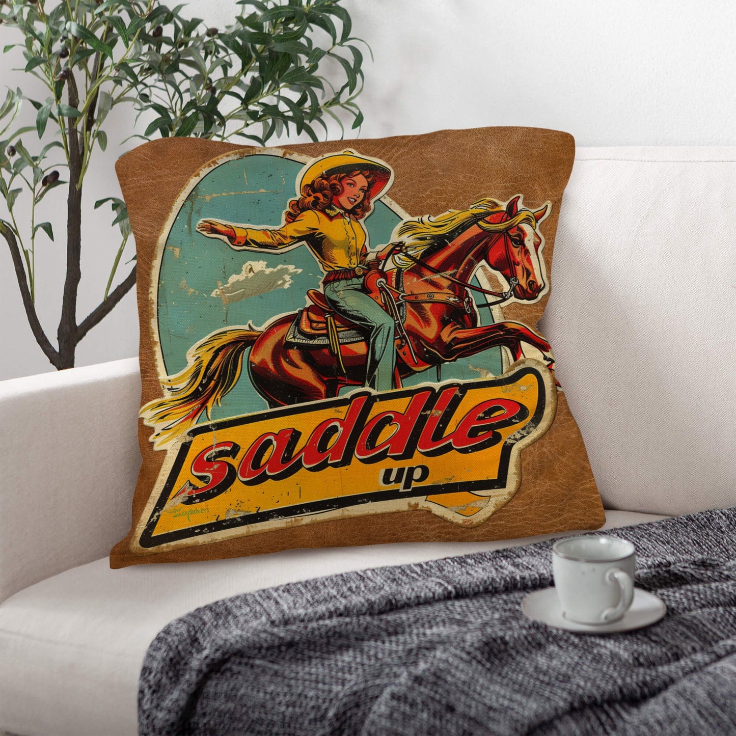 Saddle Up Vintage Cowgirl Throw Pillow Case 18x18inch Made in America