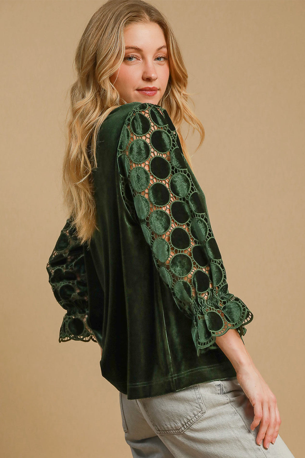 Umgee Velvet Polka Dot Lace Long Sleeve Round Neck Blouse